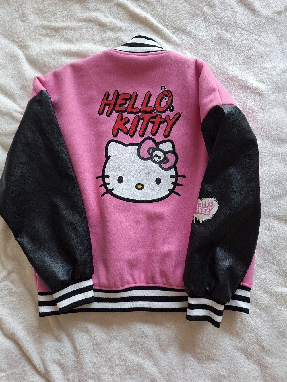Forever 21 Hello Kitty Varsity Jacket M Pink Black Faux Leather Graphic Back Y2K
